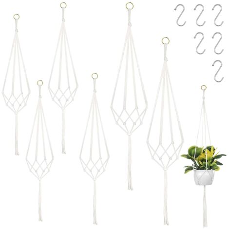 Lot de 6 suspensions en macramé - Pour l'intérieur et l'extérieur - 60 cm, 80 cm, 100 cm - Avec 6 crochets en S - Pour l'intérieur, les plafonds, les balcons, la décoration murale et l'extérieur -