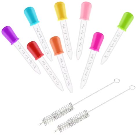 8 PCS Pipette Dropper, Pipette Plastique, Pipette Graduée avec 2 Brosse Propre, Compte Goutte, Pipettes, Liquide Pipettes, Gouttes en Silicone et Transfert, pour Alimentaire, Domestiques, 8 Couleurs