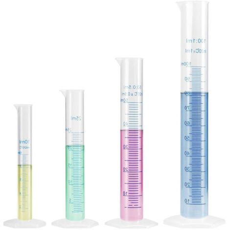 Lot de 4 cylindres gradués en plastique - 10/25/50/100 ml - Pour bricolage et laboratoires scientifiques - Cylindre gradué en plastique - Outils de mesure liquide pour la cuisine chimique