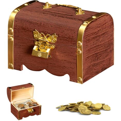 Coffre au Trésor en Bois Vintage, Petit Coffre au Trésor Rétro Tirelire Rangement en Bois Petit Coffre Boîte à Trésor Avec Serrure et Clés pour Stockage, Décoration,Or