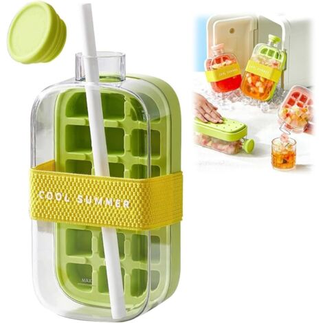 Bouteille à Glaçons 2 en 1 avec Paille - Bac à Glaçons Portable sans Contact, Appuyez pour Libérer les Glaçons - Idéal pour Maison, Pique-nique, Bureau (Vert, 800ml) (1/5)