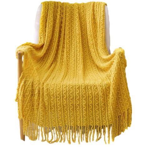 Couverture bohème tricotée à pompons, jaune, format 127 × 180 cm, douce et décorative (1/4)
