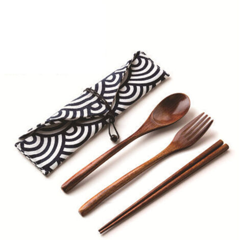 Ensemble de couverts de voyage en bois 3 pièces, baguettes fourchette et cuillère