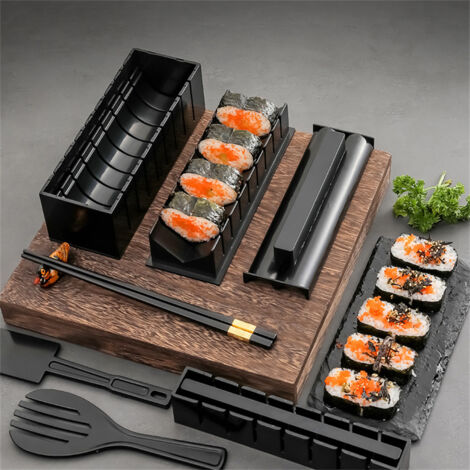 SKYSER Kit Sushi Maker 20 Pièces - Moules DIY Complet + Assiettes, Baguettes, Couteau - Fais Tes Sushis Maison Facilement (Noir)