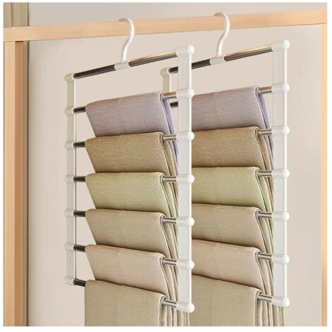 Lot de 2 Cintres Pliable Pantalon en Acier Inoxydable,Cintre Jeans Gain de Place,Pants Rack,Porte-Pantalons Multifonctionnel,Cintre Pantalon Antidérapant,Cintres Pantalons 6 en 1 pour Écharpes