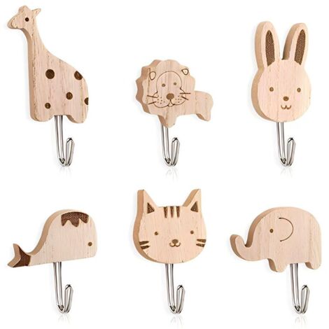 6 Pièces Patere en Bois Animaux,Porte Manteau Mural Bois Animaux,Patères Porte Chambre Enfant,Accroche Adhésif Salle de Bain,Accroche Serviette Sans Percage,Crochet Adhesif Mural Chambre