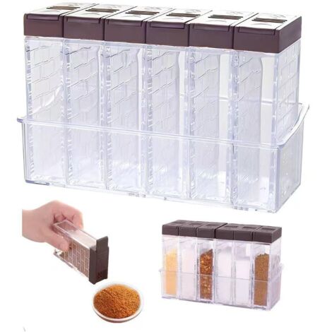 Boite à Épices Plastique 6 en 1,Boite Epice Voyage,Pot Epices Cuisine Camping,Bocaux Epice Rangement avec Couvercle,Spice Jars,Boîtes Assaisonnement Transparente pour Sel, Poivre, Sucre