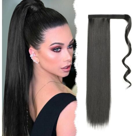 extension de queue de cheveux lisses 55 cm, postiches uniques, cheveux humains, extensions longs clip noir (1/5)