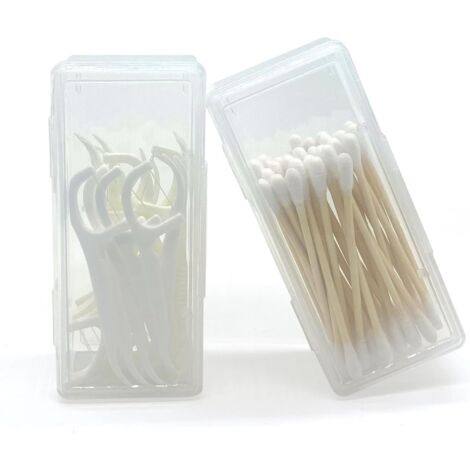 Distributeur de cotons-tiges de voyage - Lot de 2 - Petit distributeur portable - Distributeur de cure-dents - Boîte transparente pour cotons-tiges - Lingettes en coton - Cure-dents (1/5)