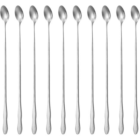Lot de 10 cuillères de bar à long manche en acier inoxydable de 20 cm - Réutilisables - Convient pour le café, la crème glacée, les cocktails, les milkshakes et les boissons froides