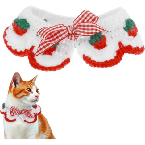 1 collier au crochet pour chat et chaton - Fraise - Adorable écharpe tricotée à la main - Collier tricoté à la main - Réglable - Pour chaton - Pour fille, chat et chiot (rouge)