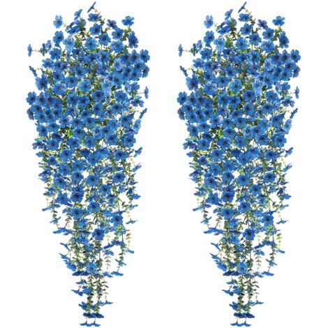 4 PCS Fleurs Artificielles Suspendues 77cm Fleur Artificielle Tombante Suspendue Fausse Plante Balcon aux UV Fleur Artificielle Exterieur pour Extérieur Jardin Patio Fête Mariage (Bleu)