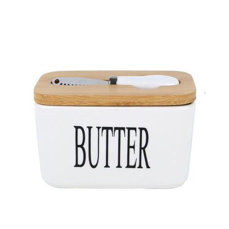 Beurrier carré en porcelaine avec couteau, couvercle en bambou, blanc, 600 ml (1/5)