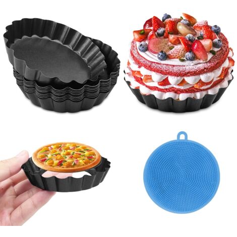 Pack de 10 Black Moules à Tartelette Ronde Quiche Moule Faite d'Acier au Carbone avec dispositif de Levage de la Base de la Tarte Moule avec de l'Onde de Bord, 10 cm, Gâteau aux Fruits Moule avec Revê