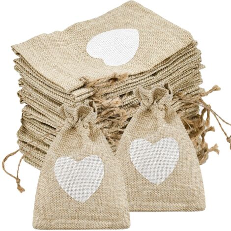 Lot de 30 sacs en jute, petits sacs en forme de cœur, 10 x 14 cm, sacs cadeaux en jute avec étiquettes en forme de cœur, petits sacs à remplir, sacs en jute, sacs en lin pour cadeaux de mariage, bonbo