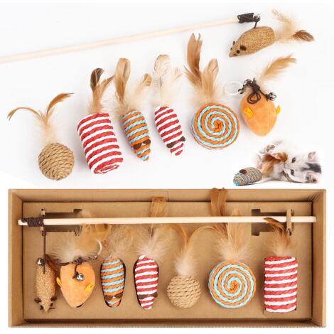 Jouet interactif pour chat, 7 pièces Jouet pour chat interactif avec balles, souris, plumes et canne à pêche en bois - Interactif pour chats de tous âges