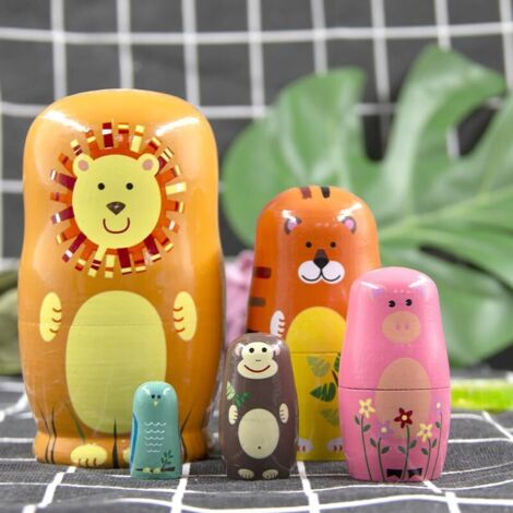 Lot De 5 Poupées Russes – Animaux Mignons – Lion, Tigre, Cochon, Singe, Oiseau – Bois De Tilleul – Matriochka