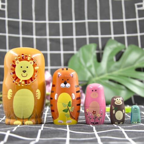 Ensemble de 5 poupées russes en bois peintes à la main, animaux, animaux, lion, tigre, cochon, singe et oiseau 14,5 cm-vintage collection - France Ensemble de 5 poupées russes en bois peintes à la main, animaux, animaux, lion, tigre, cochon, singe et oiseau 14,5 cm-vintage collection - France