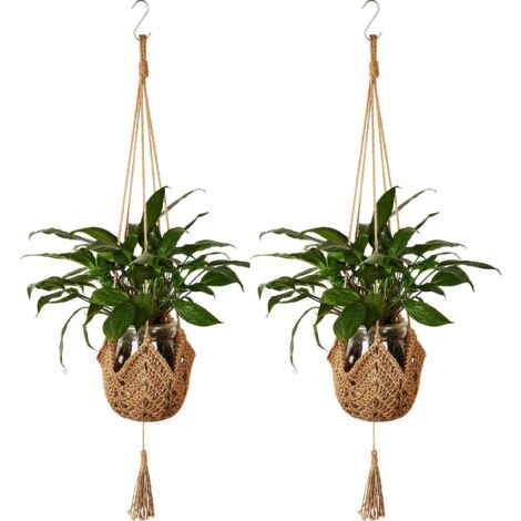 Paniers fleurs suspendus jute - 2 pcs, Paniers macramé corde jute, Avec crochets suspension décoration intérieur - Naturel