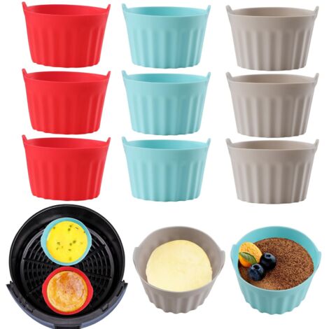 9PCS Silicone Air Fryer Accessoires, Plat Pour Friteuse Sans Huile, Mafin Coupe, Moule Pour Gâteau Au Four, Moule à Tarte Aux Oeufs, Silicone Bakeware, Rouge + gris + bleu (1/5)
