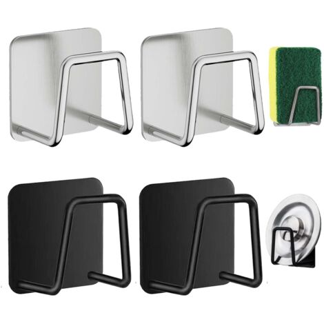 Range-éponge évier acier - 4 pcs, Porte-éponge cuisine autocollant, Pour cuisine salle de bain - Argenté et Noir