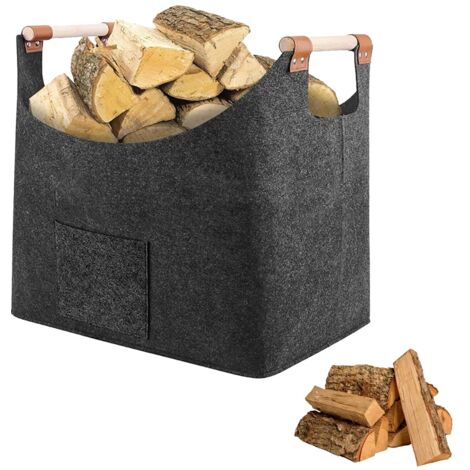 Panier Bois Feutre - 1 pièce, Panier Bois Feutre Pliable Grand + Poignée - Gris Foncé, Pour Bois Chauffage/Rangement (1/5)