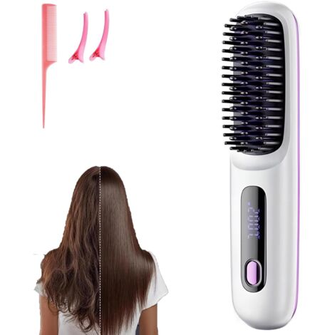 Go Brush Pro Mini brosse à lisser portable sans fil pour femme avec affichage de la température LCD, 2000 mAh, chauffage rapide et fer à lisser en céramique sans fil (WH)