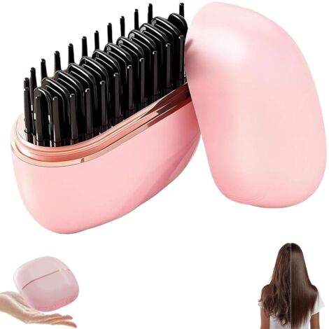 Mini Brosse lissante à cheveux, 2-en-1 Sans fil et portable, brosse lissante et peigne chauffant volumateur, chauffage rapide en 30s, anti-brûlure (Rose)