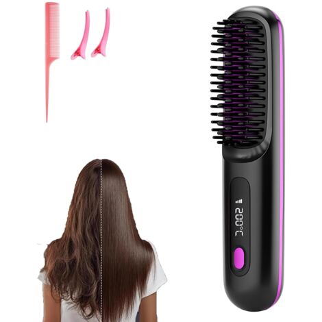 Go Brush Pro Mini brosse à lisser portable sans fil pour femme avec affichage de la température LCD, 2000 mAh, chauffage rapide et fer à lisser en céramique sans fil (BK)
