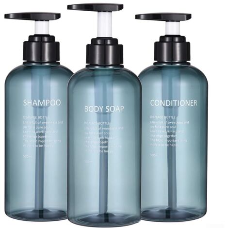Lot de 3 flacons rechargeables de 500 ml pour shampooing, gel douche et détergent (bleu)
