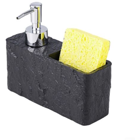Distributeur de savon et porte-éponge pour cuisine ou salle de bain, stabilité de construction en résine, conçu pour une utilisation efficace sur le plan de travail (noir)