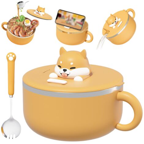Bol de nouilles instantanées avec poignées 1200 ml Bol de ramen instantanés avec couvercle et cuillère à micro-ondes portables coccopier pour soupe, nouilles, boulettes, salades (1/5)