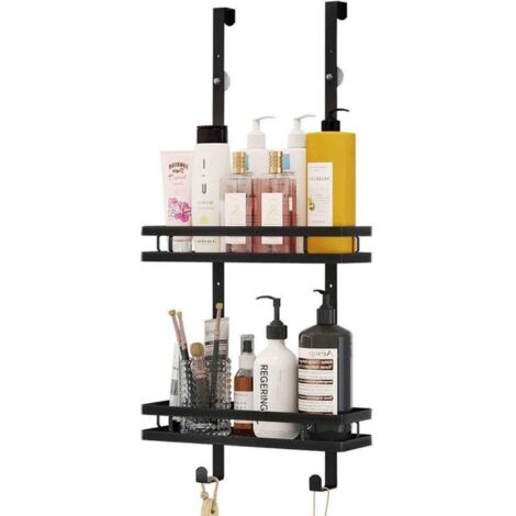 étagère de rangement pour douche -Porte-serviettes de douche suspendu sans perçage -acier inoxydable double couche noir (1/5)