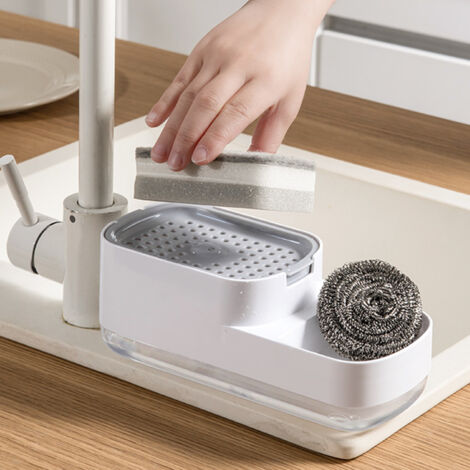 Distributeur de détergent avec porte-éponge, adapté aux éviers de cuisine, distributeur de savon multifonctionnel 2 en 1 (1/5)