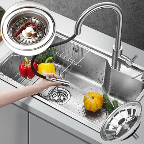 Bouchon D'évier 3 En 1 Cuisine - Filtre Acier Inox, Pop-up, Joint Inclus, Diamètre 110 Mm