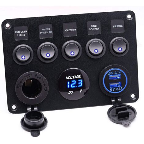 Panneau De Commande Marin Multifonction – 5 Interrupteurs à Bascule LED + Double USB (4,2 A) + Voltmètre + Allume-cigare 12 V