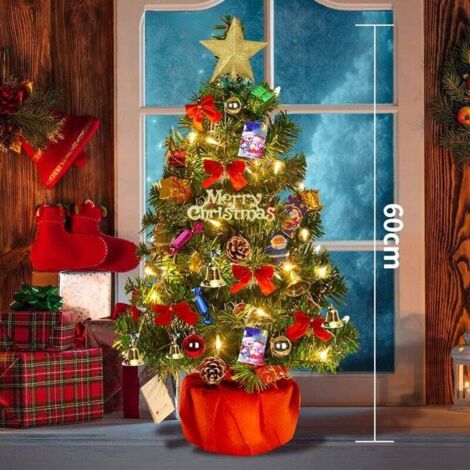 Sapin De Noël Artificiel 150 Cm Avec Base En Bois - Décorations Et Guirlande Incluses - PVC Mélangé Et Flocage