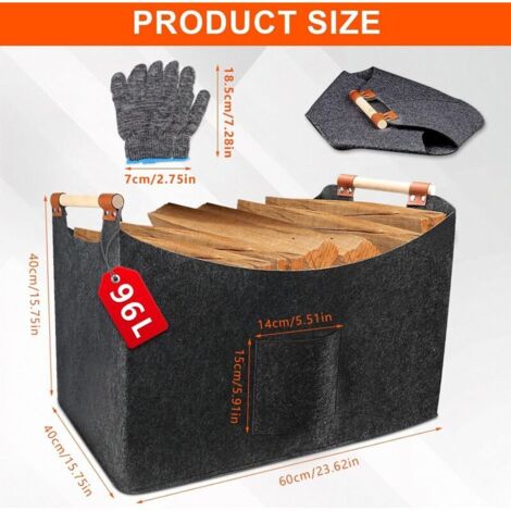 YQBFTC Panier à bûches XXL 70L Panier a Bois avec Poignée Renforcée Cheminée Pliable En Feutre Sac à Bois pour Cheminée Sac en Feutre,Journaux, Jouets,Magazines 55 x 32 x 40 cm (Gris Foncé
