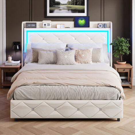 Cadre de lit 140x190 cm avec USB/Type-C - PU Blanc - Moderne - Ideal pour la maison - Sommier - Lit adulte 140x190 cm (1/5)