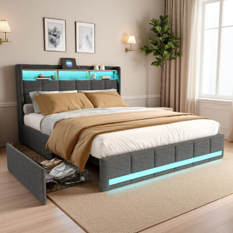 Cadre de lit 140x200 cm - Lin Gris - Avec 4 tiroirs et LED - USB/Type-C - Lit Ado 140x200cm (1/5)