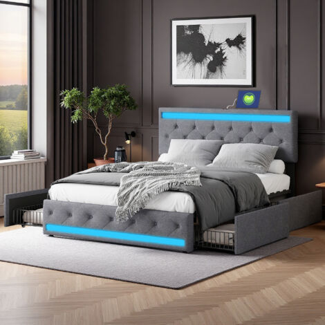 Lit adulte 140x200 cm - tissu en lin - LED ET 4 Tiroirs - cadre de lit 140x200 cm - Gris (1/5)