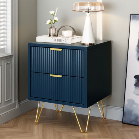 Commode à 2 Tiroirs, Manche et Pieds Couleurs Dorées, L40 x P35 x H50 cm, pour Chambre, Salon, Bureau, Moderne, Bleu Profond (1/5)