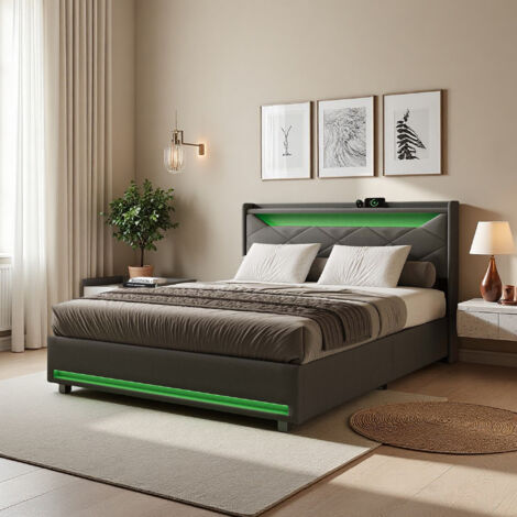 Lit ado 140x190 cm acve LED - tissu en lin - USB et hydraulique - cadre de lit 140x190 cm - Gris (1/5)