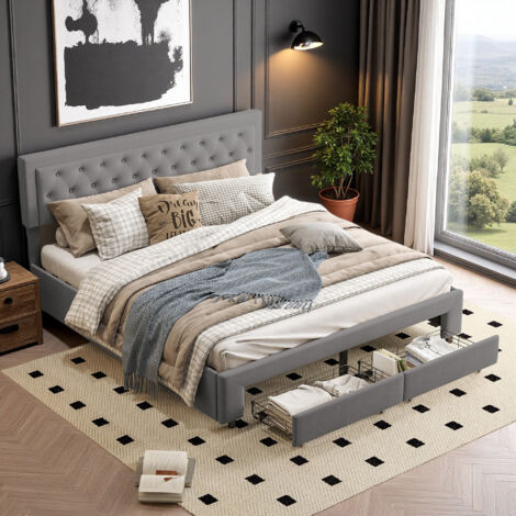 Lit double 180x200 cm - tissu en velours - 2 tiroirs - Design contemporain - cadre de lit 180x200 cm - Gris (1/5)