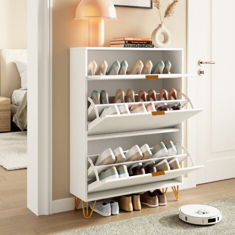 Meuble à Chaussures 80x40x120cm - avec 2 Portes Basculantes et Rangement Supérieur - Pieds Dorés Élégants - Design Ondulé Blanc (1/5)