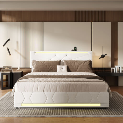 Lit 160x200 cm avec sommier à lattes, lit adulte avec LED et USB, cadre de lit coffre, tissu en lin, 160x200 cm, beige