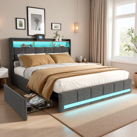 Lit double 160x200 cm - tissu en lin - USB et LED - 4 Tiroirs - Sommier à 12 lattes - lit 160x200 cm - Gris (1/5)