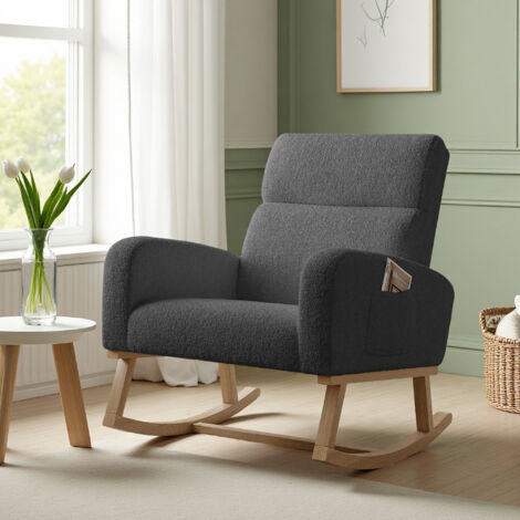 Fauteuil à bascule avec accoudoirs - Gris Foncé en Velours Teddy - 78x69x87 cm - Style industriel - Salon/Bureau/Chambre