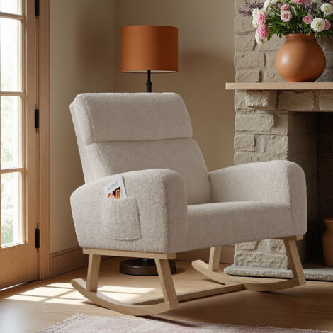 Fauteuil à Bascule Béige Clair en Velours Teddy - 78x69x87 cm - Style champêtre - Facile à monter - Idée cadeau parfaite (1/5)