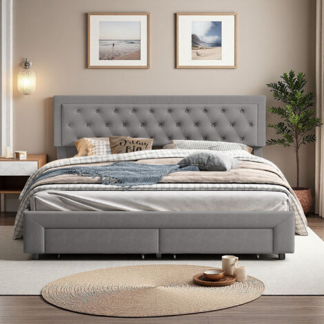 Lit adulte 180x200 cm - tissu en velours - 2 tiroirs - Cadre de lit XL 180x200 cm - Gris (1/5)